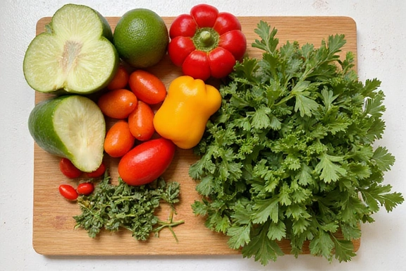 A colorful array of fresh vegetables and herbs on a cutting board, ready for cooking.