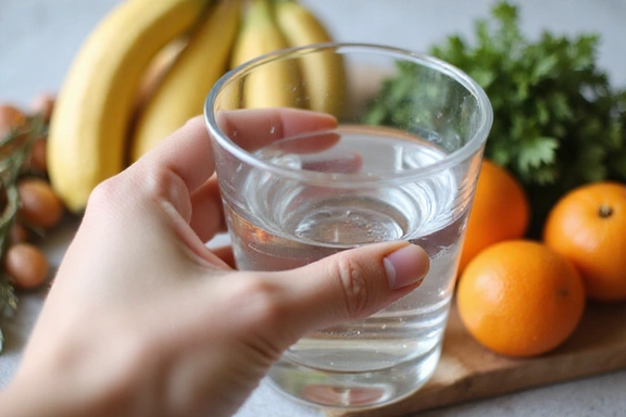 A person's hand holding a glass of water, with fresh fruit in the background, symbolizing hydration.