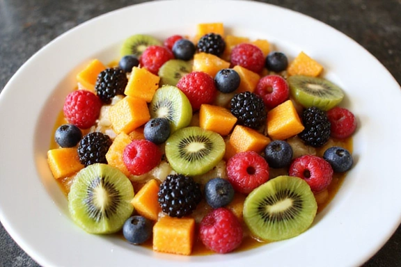 A vibrant bowl of fresh fruit salad, including berries, kiwi, and oranges, with a light dressing.