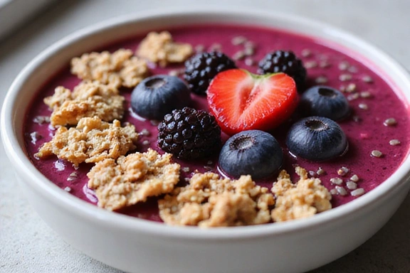 A close-up of a vibrant, freshly prepared smoothie bowl topped with granola, berries, and chia seeds.