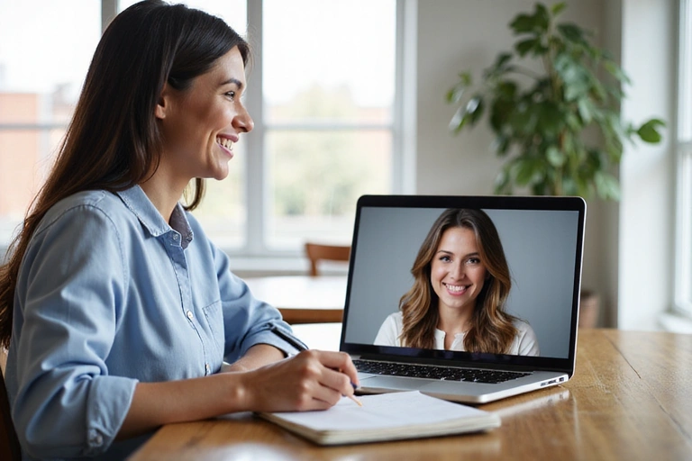 A woman having a virtual nutrition consultation on a laptop, smiling and taking notes.