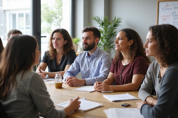 A group of diverse professionals participating in a wellness seminar.